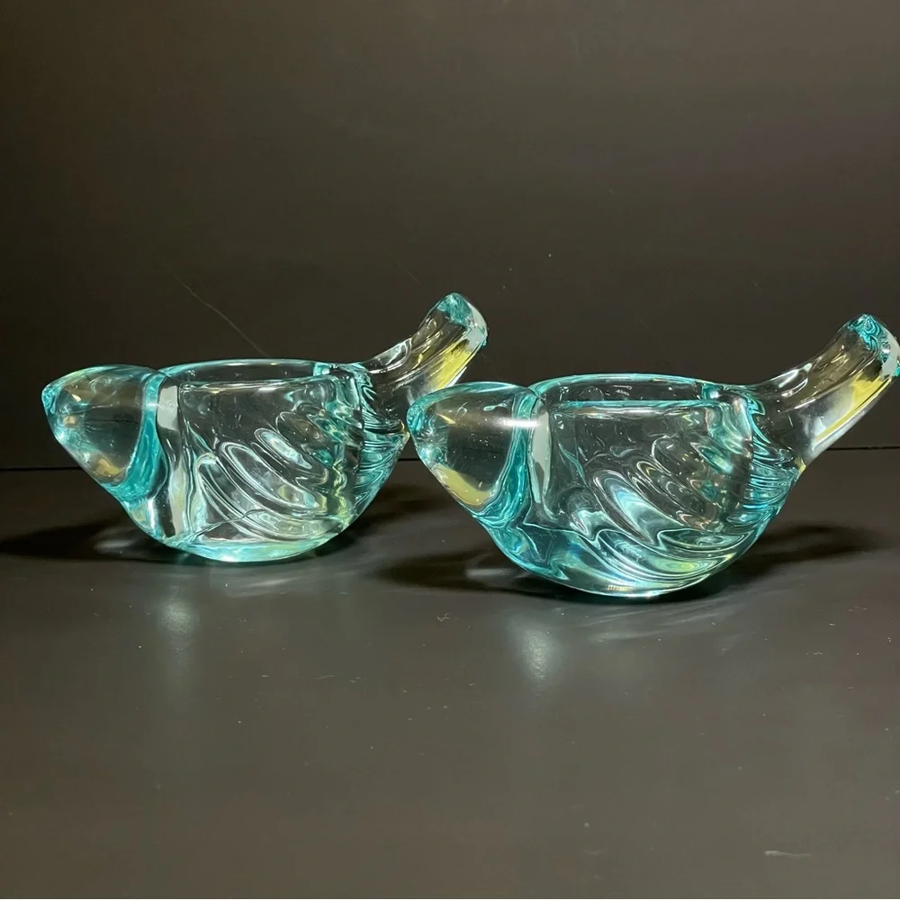 Crate & Barrel Tweet Votive Candle Holders Aqua Glass Birds Set of 2
